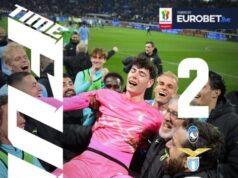 Atalanta-Lazio: Motta eroico, Sarri vola in finale Il portiere della Lazio Motta esulta dopo aver parato un rigore contro l'Atalanta in Coppa Italia.