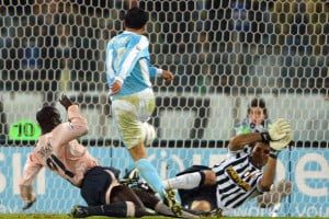 Lazio's forward Stefano Fiore (C) scores
