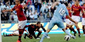 SS Lazio's Senad Lulic (R) scores the 0-1 during the Italian Cup final soccer match between AS Roma and SS Lazio at the Olimpico stadium in Rome, Italy, 26 May 2013. ANSA/ETTORE FERRARI