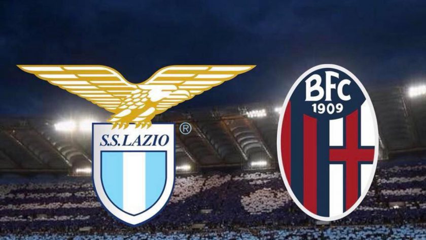 Grafica match preview Lazio-Bologna con orario 18:00 e loghi emittenti TV DAZN e Sky Sport.