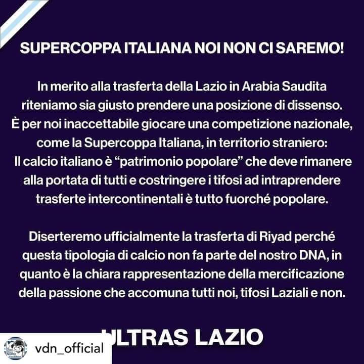 ultras lazio, comunicato ufficiale, supercoppa italiana,