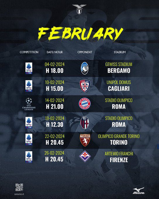 Lazio, febbraio 2024, calendario, Serie A, Champions League