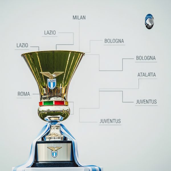 Trofeo Coppa Italia con il logo della Lazio e un tabellone stilizzato, a simboleggiare il percorso dei biancocelesti nella prossima edizione.