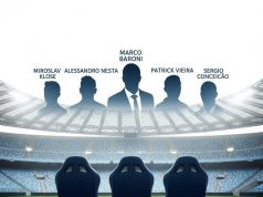Panchina Biancoceleste: L’Ora X per Baroni, Si Profonde l’Ombra di Nuovi Nomi Panchina della Lazio vuota, con l'ombra di Marco Baroni che si allontana e le figure di Klose, Nesta, Vieira e Conceicao che emergono come possibili futuri allenatori, simboleggiando la transizione del club.