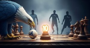 Lazio, caccia alla mezzala: Sarri sogna Loftus-Cheek, ma spunta l’occasione Colpani. Tutti i nomi Un'aquila simbolo della Lazio osserva una scacchiera da calciomercato con un pezzo numero 10 luminoso al centro, a rappresentare la ricerca di una mezzala.