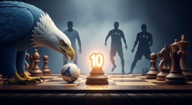 Un'aquila simbolo della Lazio osserva una scacchiera da calciomercato con un pezzo numero 10 luminoso al centro, a rappresentare la ricerca di una mezzala.