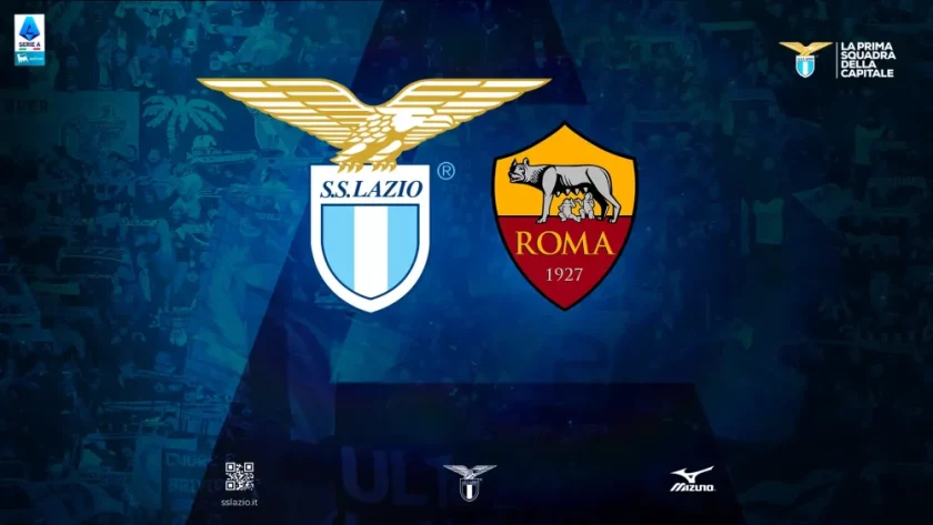 Una foto panoramica dello Stadio Olimpico di Roma durante un derby tra Lazio e Roma, con le due tifoserie in festa.