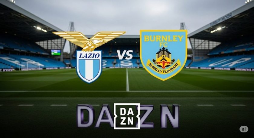 I loghi di Lazio e Burnley affiancati, con l'indicazione dell'orario e del canale di trasmissione.