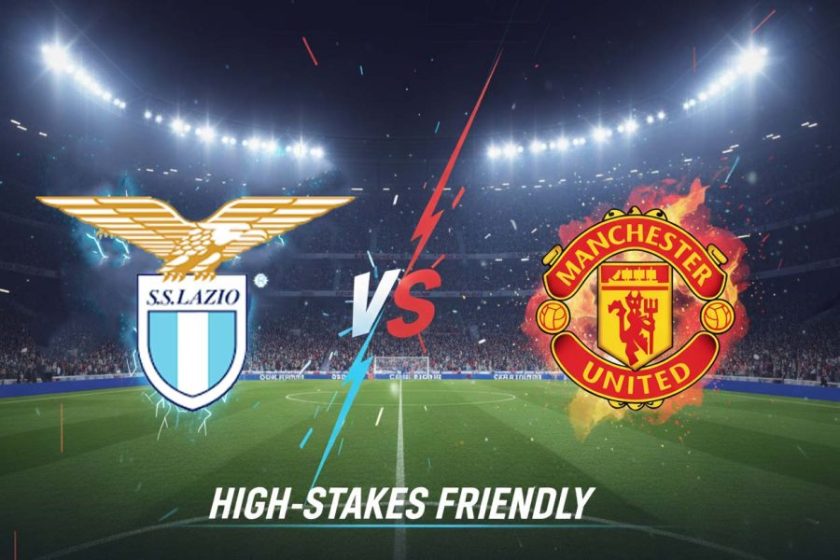 Una foto del logo della S.S. Lazio e del Manchester United, sovrapposti su uno sfondo di uno stadio, a simboleggiare il confronto tra i due club.