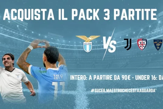 Lazio, Arriva il “PACK 3 PARTITE”: Mini Abbonamento per Juventus, Cagliari e Lecce Una grafica accattivante del "Pack 3 Partite" della Lazio, che mette in risalto i loghi delle squadre coinvolte (Lazio, Juventus, Cagliari, Lecce) e i dettagli principali dell'offerta.