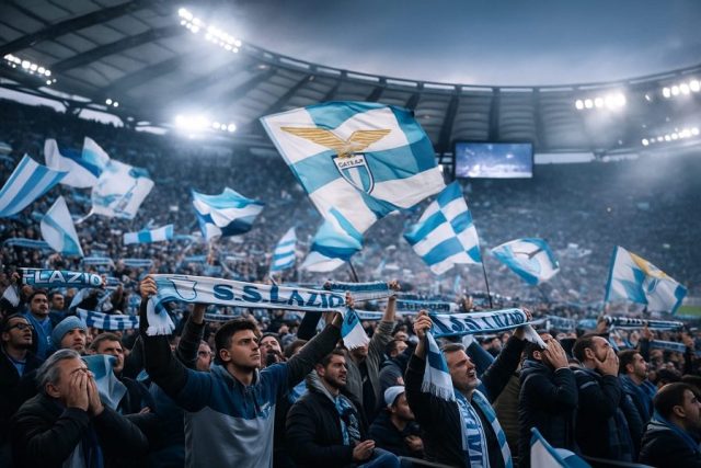 Tifosi della Lazio allo stadio, con bandiere e sciarpe, in uno stato d’animo tra speranza e delusione.