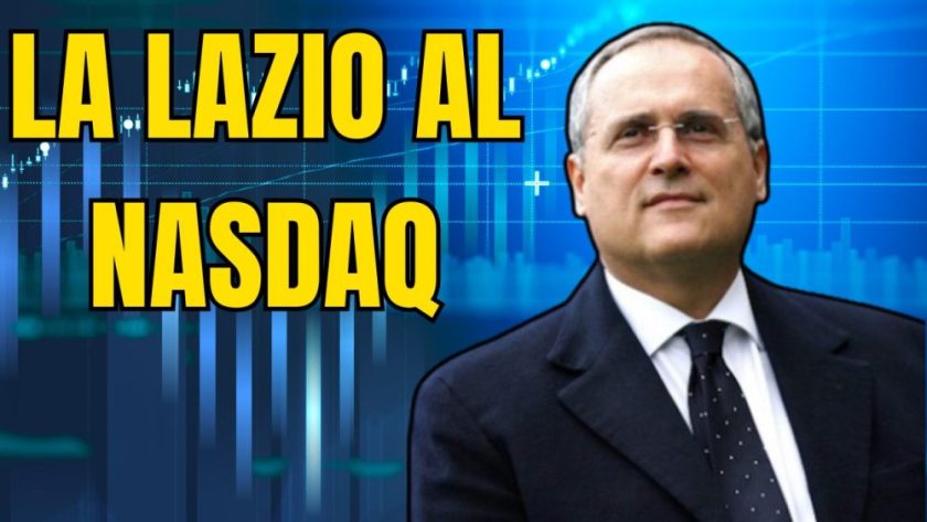 “Logo S.S. Lazio con skyline di Wall Street e Nasdaq, ipotesi quotazione negli USA.”