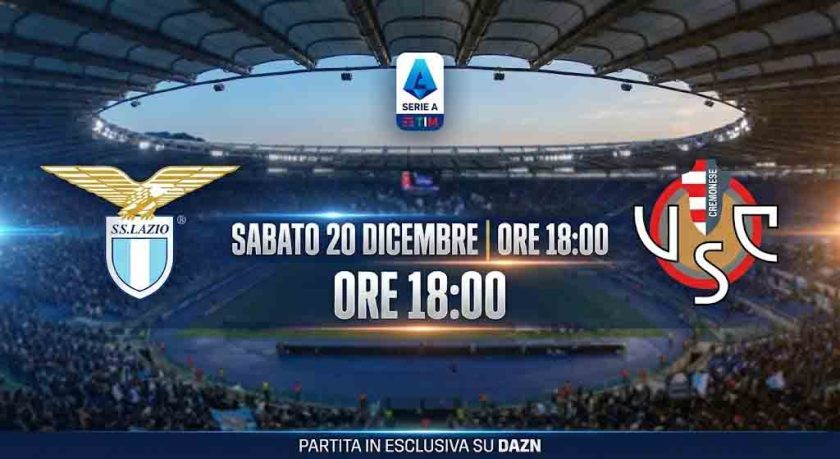 Grafica del match Lazio-Cremonese allo Stadio Olimpico con orario (18:00) e loghi delle due squadre.