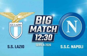 📺 Lazio-Napoli, il primo big match del 2026: orario, dove vederla in tv e le ultime di formazione Grafica del match Lazio-Napoli con i loghi delle due squadre e l'orario 12:30.