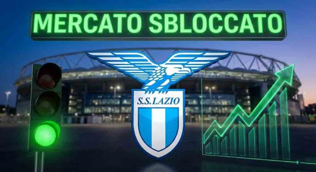 Grafica con semaforo verde e logo della Lazio, a indicare il via libera sul mercato.