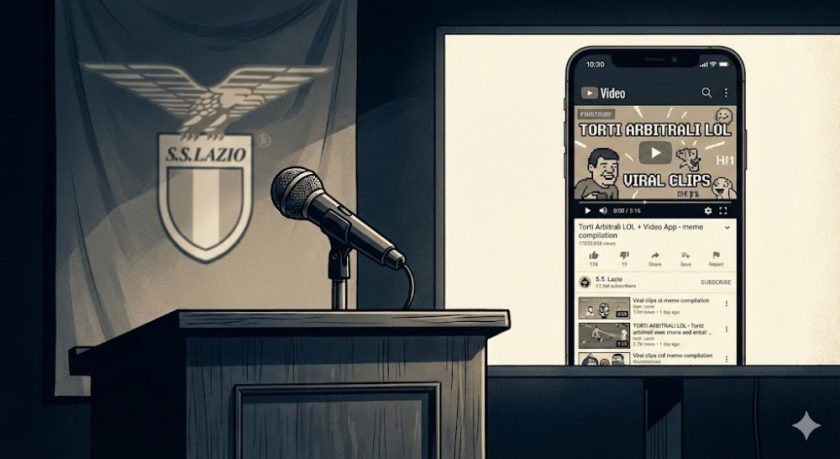 Un microfono televisivo spento o vuoto con lo stemma della Lazio sullo sfondo, a simboleggiare il silenzio stampa.