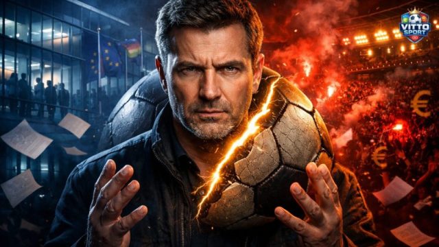 Un pallone da calcio diviso a metà: una parte è un classico pallone di cuoio consumato, l'altra è una struttura geometrica futuristica e dorata.