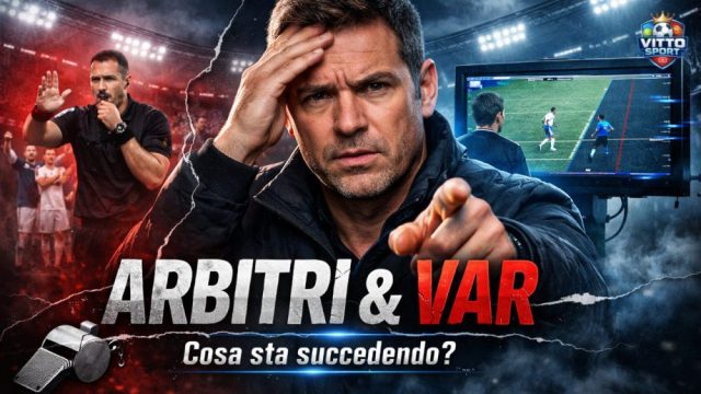 Arbitro di Serie A consulta il monitor VAR a bordo campo mentre è circondato da giocatori che protestano furiosamente.