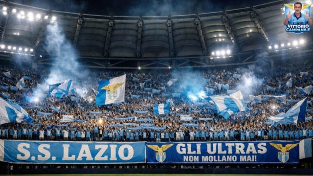Una coreografia imponente della Curva Nord della Lazio durante un derby del passato, simbolo dell'identità laziale.