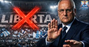 Censura all’Olimpico: vietata la scritta “Libertà” in Tribuna Tevere Lazio Milan, Coreografia Tevere, Scritta Libertà Lazio, Tifo Organizzato Lazio, Claudio Lotito, Protesta Tifosi Lazio, Stadio Olimpico.